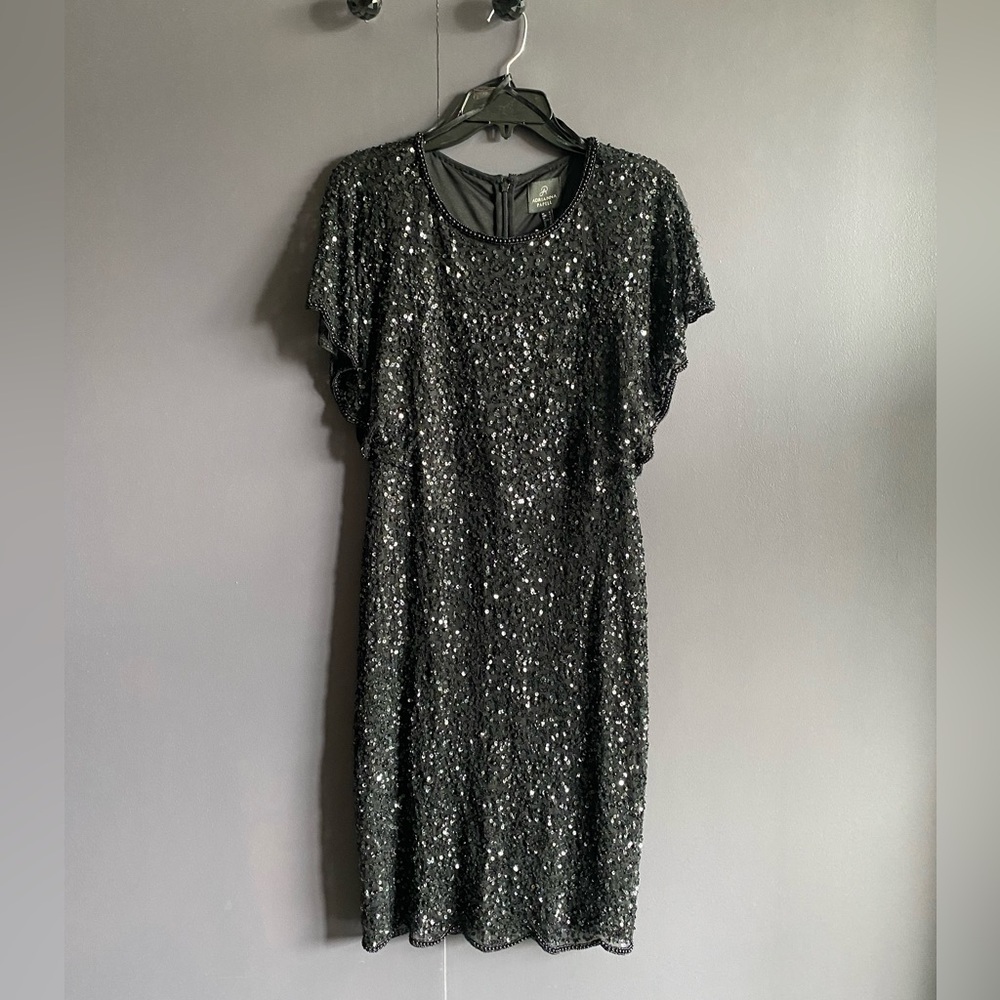 Dress: Adrianna Papell flutter sleeve bead/sequin (8) black